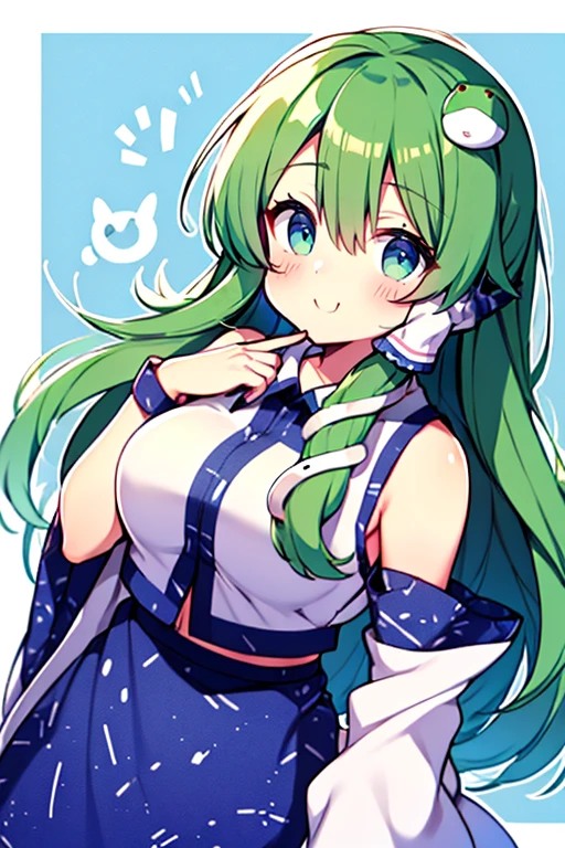 masterpiece, best quality, 1girl,kochiya sanae,smile, long hair,green hair,green eyes,frog hair ornament, hair tubes,snake,detached sleeves,shirt,skirt,large breasts,thick thigs, (grey background:1.4), (kbxll:0.7),arms up,armpits,temple background,
