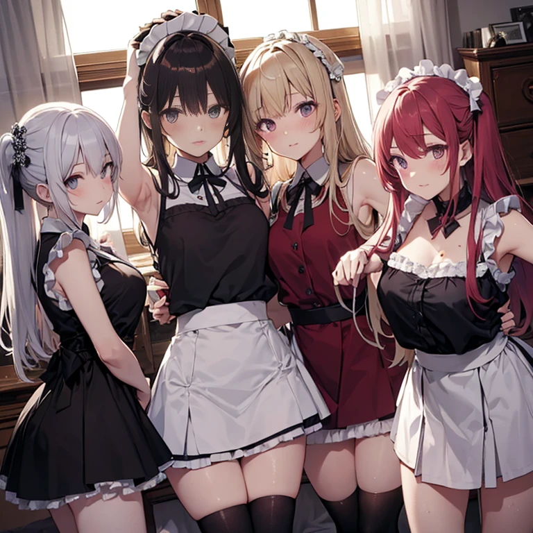 A group of maids, (in bedroom), various hair styles, harem, night, details face, short skirt, seducing, sleeveless, sweaty armpits