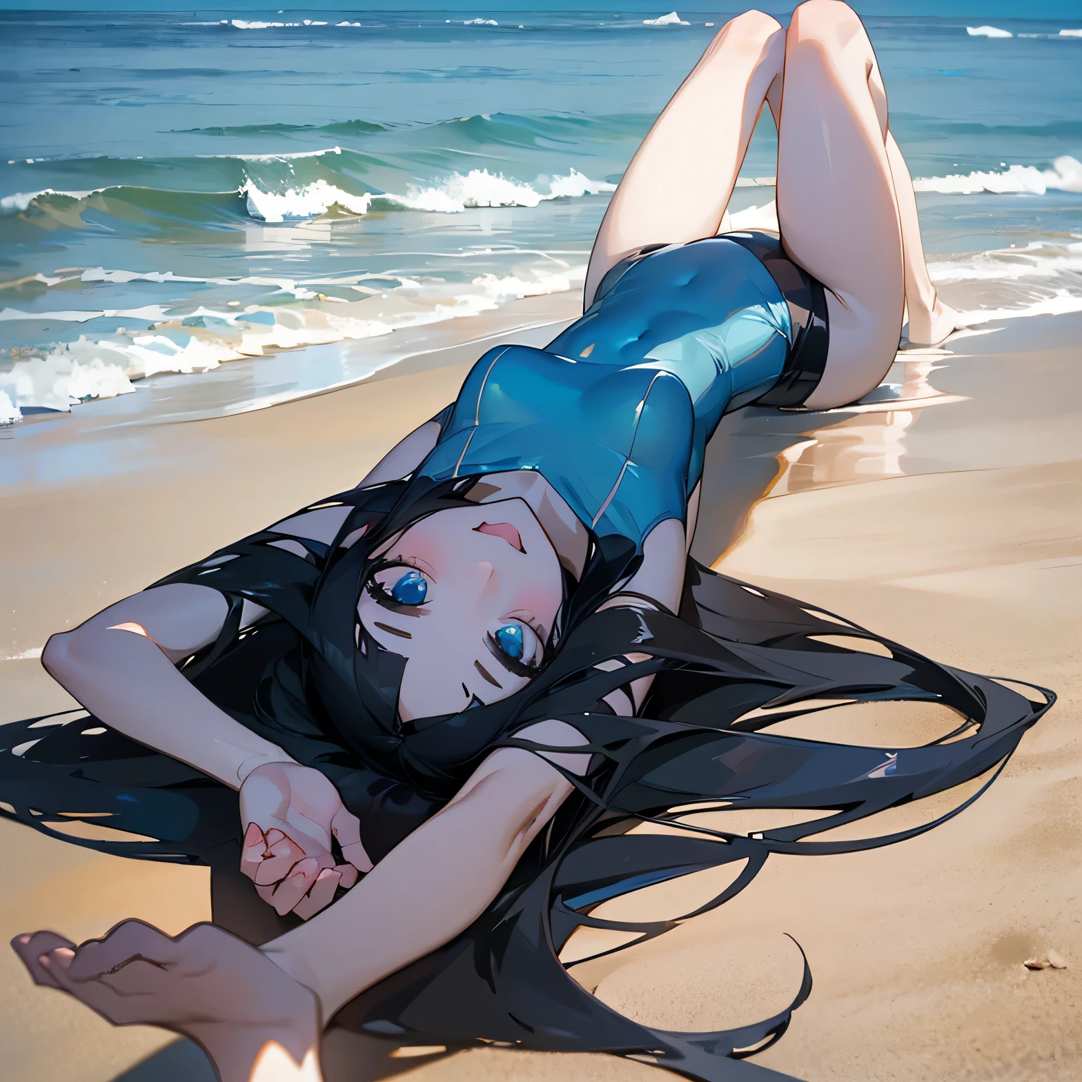 A  with long black hair,sea-blue diamond eyes,pale skin,and wears a pink swimsuit. ,and 4'4. A innocent and pure smile. Lied down on the sand,on her back. 