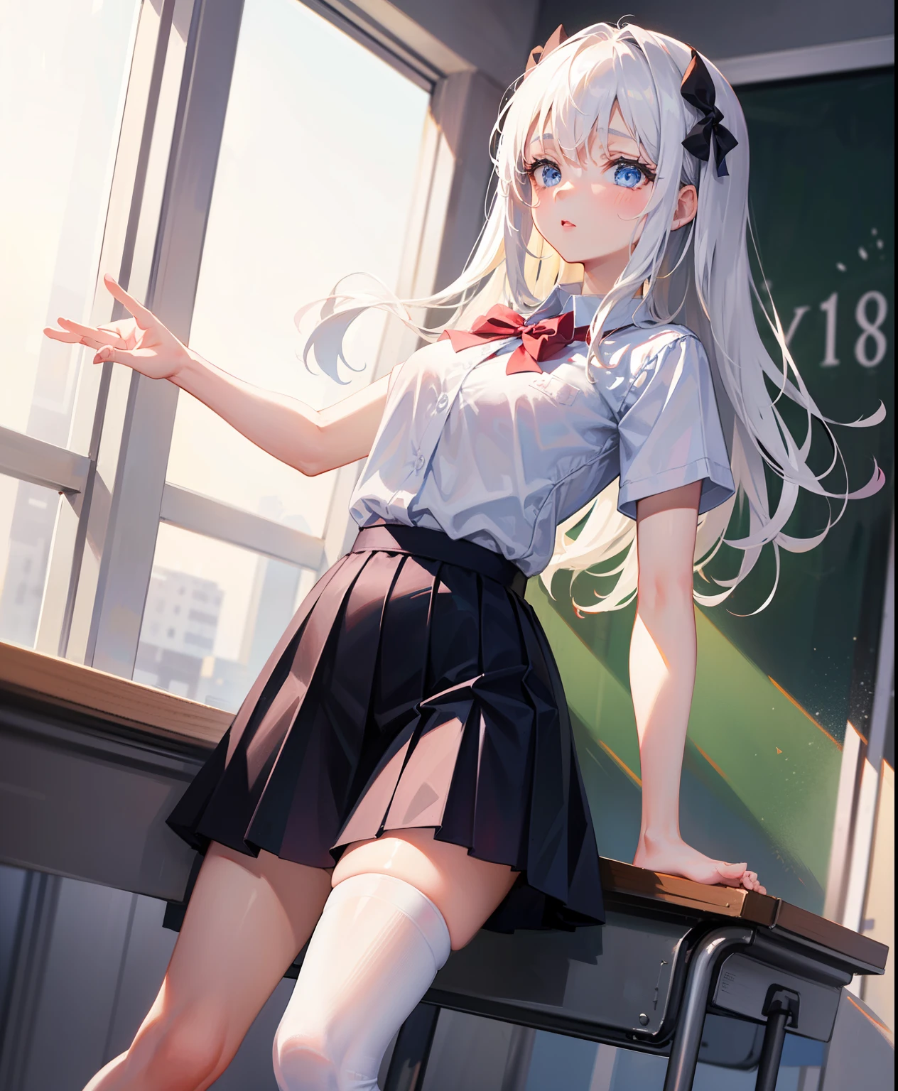 1 girl, , Dynamic posing, dynamic angle, Arrange pose,Top quality work,Show Legs,(long white hair),(blue eyes), Rose cheeks, Pretty Face, A perfectly proportioned face, school white shirt with red bow and black skirt, (school uniform), (school white shirt), white stockings,school, in classroom, round small breasts