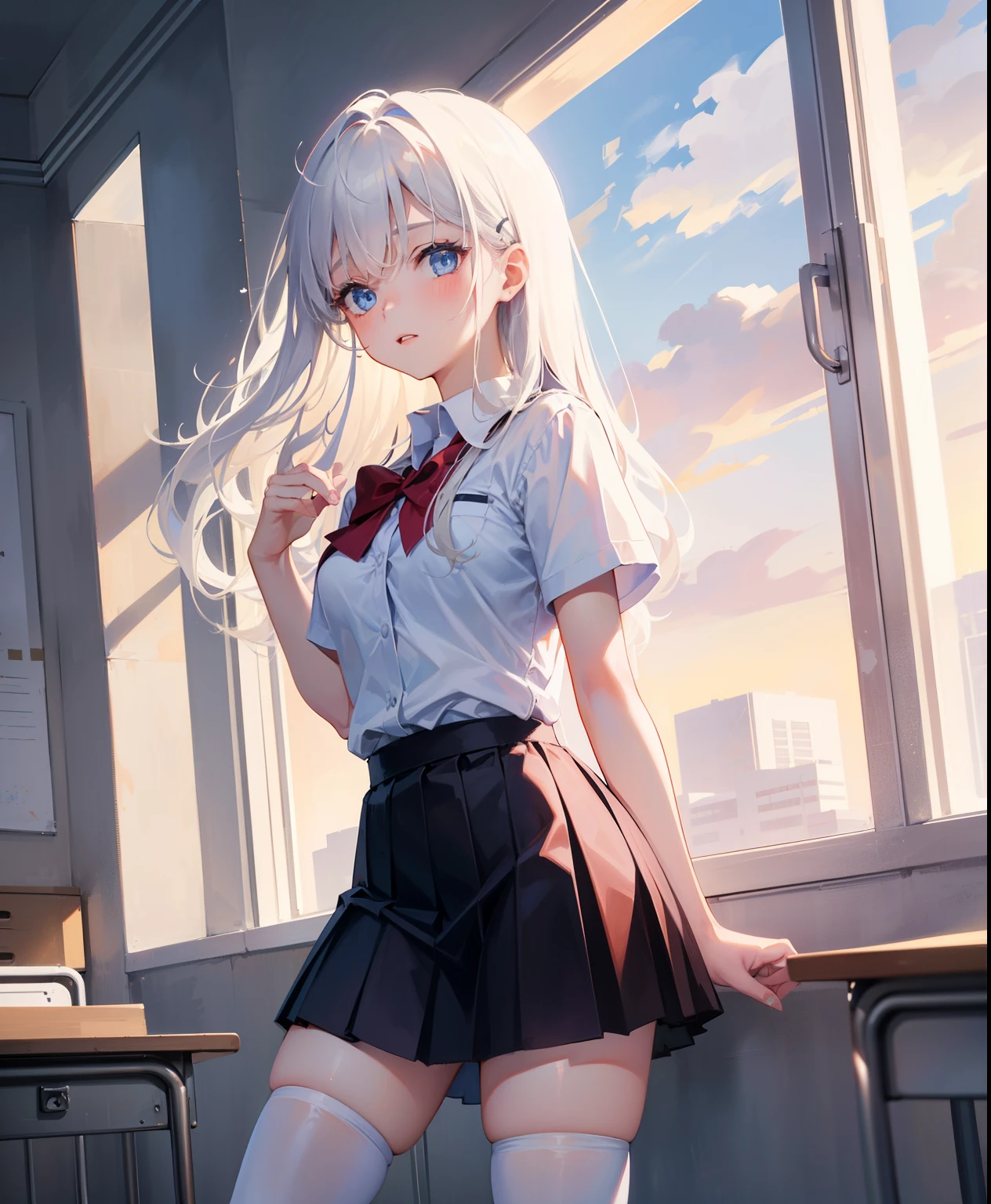 1 girl, 16 years old, Dynamic posing, dynamic angle, Arrange pose,Top quality work,Show Legs,(long white hair),(blue eyes), Rose cheeks, Pretty Face, A perfectly proportioned face, school white shirt with red bow and black skirt, (school uniform), (school white shirt), white stockings,school, in classroom, round small breasts