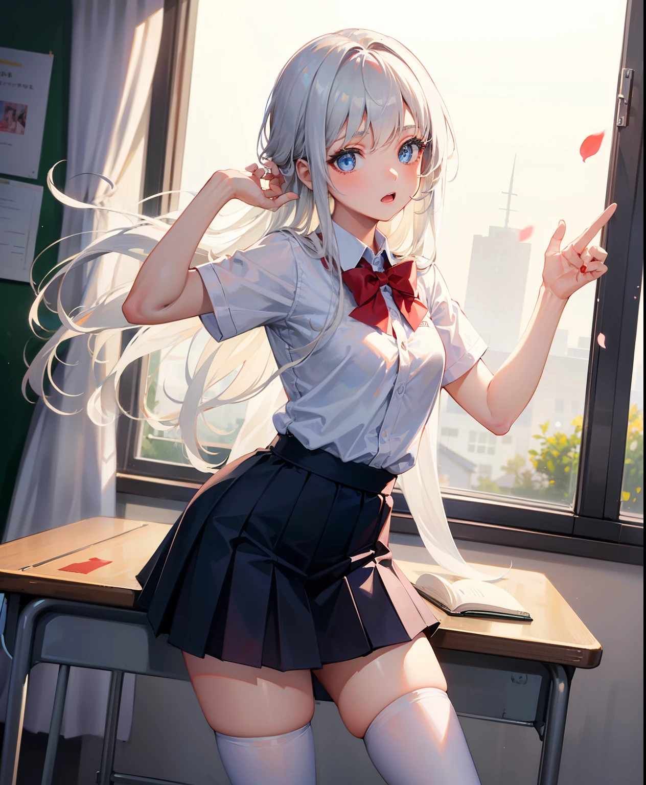 1 girl, 16 years old, Dynamic posing, dynamic angle, Arrange pose,Top quality work,Show Legs,(long white hair),(blue eyes), Rose cheeks, Pretty Face, A perfectly proportioned face, school white shirt with red bow and black skirt, (school uniform), (school white shirt), white stockings,school, in classroom, round small breasts