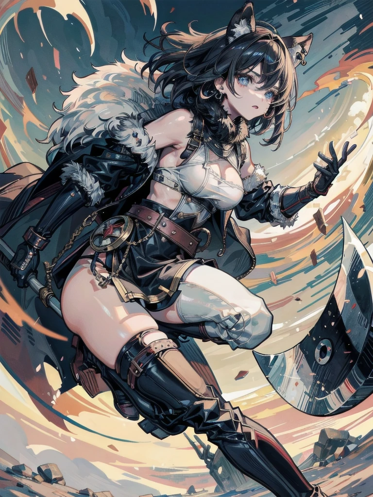 whole body, Anime character, berserker, holding axe, fur trim, loincloth, belt, boots, gloves, dual wielding, wasteland, absurdres, RAW photo, extremely delicate and beautiful, masterpiece, Best Quality, ultra high resolution, 32k, hyperrealistic, ultra-detailed, perfect figure, perfect shape, detailed description, pale skin, 20 years old, detailed beautiful face and eyes, tearful mole, earring, short medium hair, wavy hair,