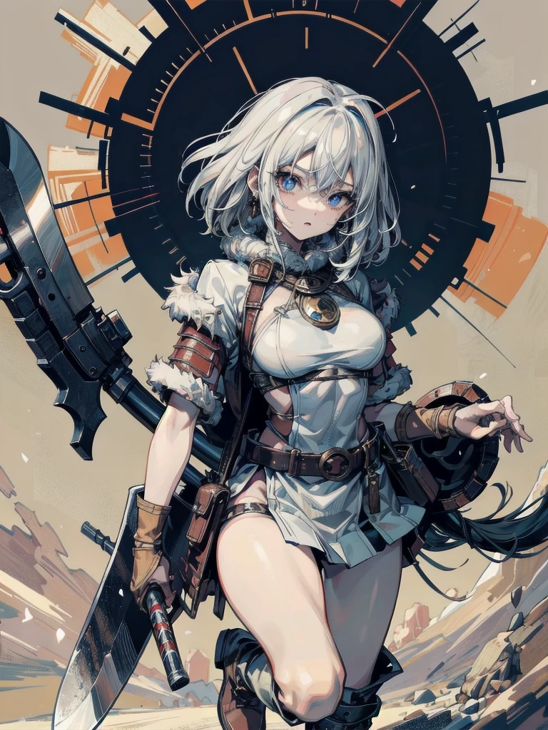 whole body, Anime character, berserker, holding axe, fur trim, loincloth, belt, boots, gloves, dual wielding, wasteland, absurdres, RAW photo, extremely delicate and beautiful, masterpiece, Best Quality, ultra high resolution, 32k, hyperrealistic, ultra-detailed, perfect figure, perfect shape, detailed description, pale skin, 20 years old, detailed beautiful face and eyes, tearful mole, earring, short medium hair, wavy hair,