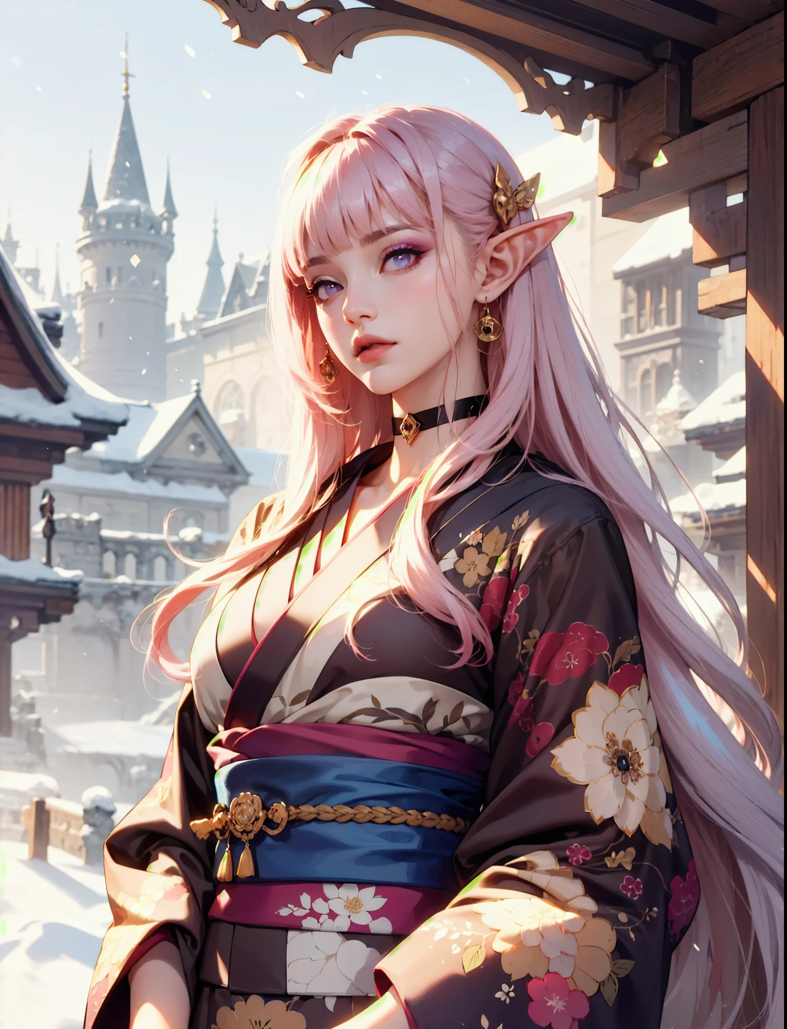 1 mature woman aged 25, perfect anatomy, beautiful body, pale and milky skin, medium breasts, elf, elven woman, incomparable elven beauty, long and pointed ears, (((long pink hair with blunt bangs))), perfect and clean face, serious and imposing expression, Closed mouth, (dark lipstick), perfect eyes, visible pupils, (purple eyes), (glowing eyes), ((clear and perfect gothic makeup)), ((The character wears a sky blue tomesode kimono, a kimono made of silk and richly detailed with gold threads)), beautiful black choker adorned with gold and ruby, wear a pair of long gloves, The character in the castle office, medieval castle, winter landscape, misty atmosphere, masterpiece, accurate, anatomically correct, super detail, high details, high quality, best quality, highres, 4K