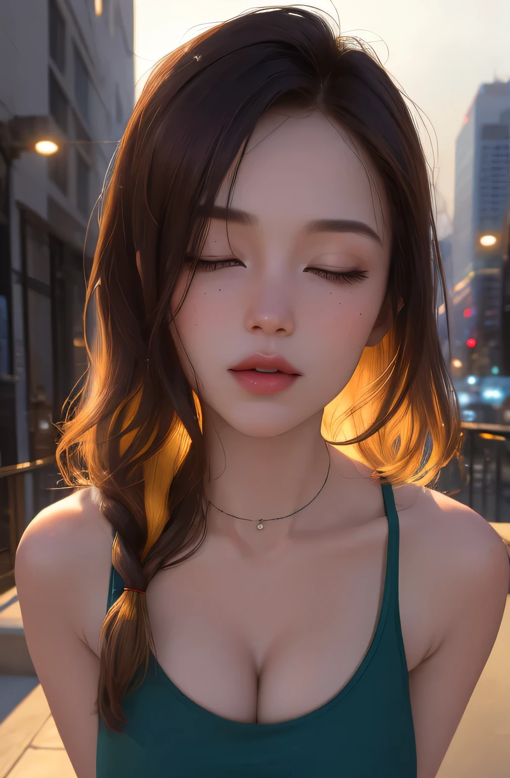 (best quality,4k,8k,highres,masterpiece:1.2),ultra-detailed,(realistic,photorealistic,photo-realistic:1.37),portrait,night scene,skyscraper,modern apartment,city view,sexy woman,green shirt,long sleeves,cleavage,collarbone,glasses,brown hair,purple eyes,single braid,yellow hair ornament,young female,beautiful fingers,long legs,beautiful body,beautiful nose,character design,perfect eyes,perfect face,expressive eyes,looking at viewer,center of the image,upper body,focusing on her face,large breasts,narrow waist,city night time,amazing,evening,fantasy,neon lights,dramatic shadows,vibrant colors,reflections,ambient lighting,moody atmosphere.