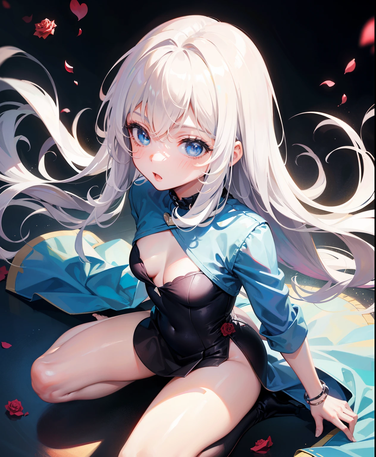1 girl, , Dynamic posing, dynamic angle, Arrange pose,Top quality work,Show Legs,(long white hair),(blue eyes), Rose cheeks, Pretty Face, A perfectly proportioned face, simple grey mini dress, tokyo street, round small breasts