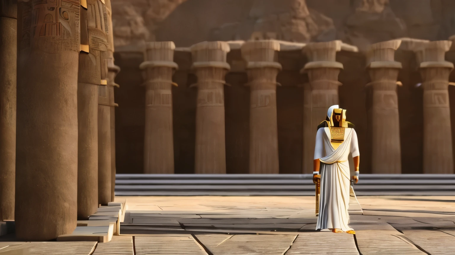 (((HORUS)) best quality, very high resolution, 4K detailed CG, masterpiece, Egyptian mythology, Osiris,green skin, Egyptian temple,Ancient Egypt,sunlight,white clothes, Egyptian clothes, desert,mummy , ((standing pose)), aesthetic , Beautiful image, centered on the screen