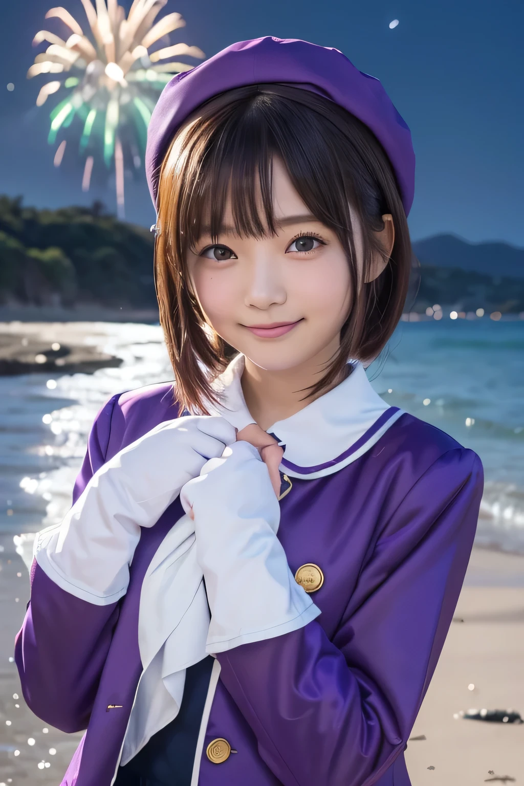 8K、highest quality、masterpiece、One girl、(12 years old)、(Face Shot)、slim、slender、(Ahoge:1.3)、, Purple hat, Hair Clip, Green ribbon, Purple Jacket, White gloves, ,  Blushing, smile, View Viewer, Beach, night, moon, firework, Place your hand on your chest