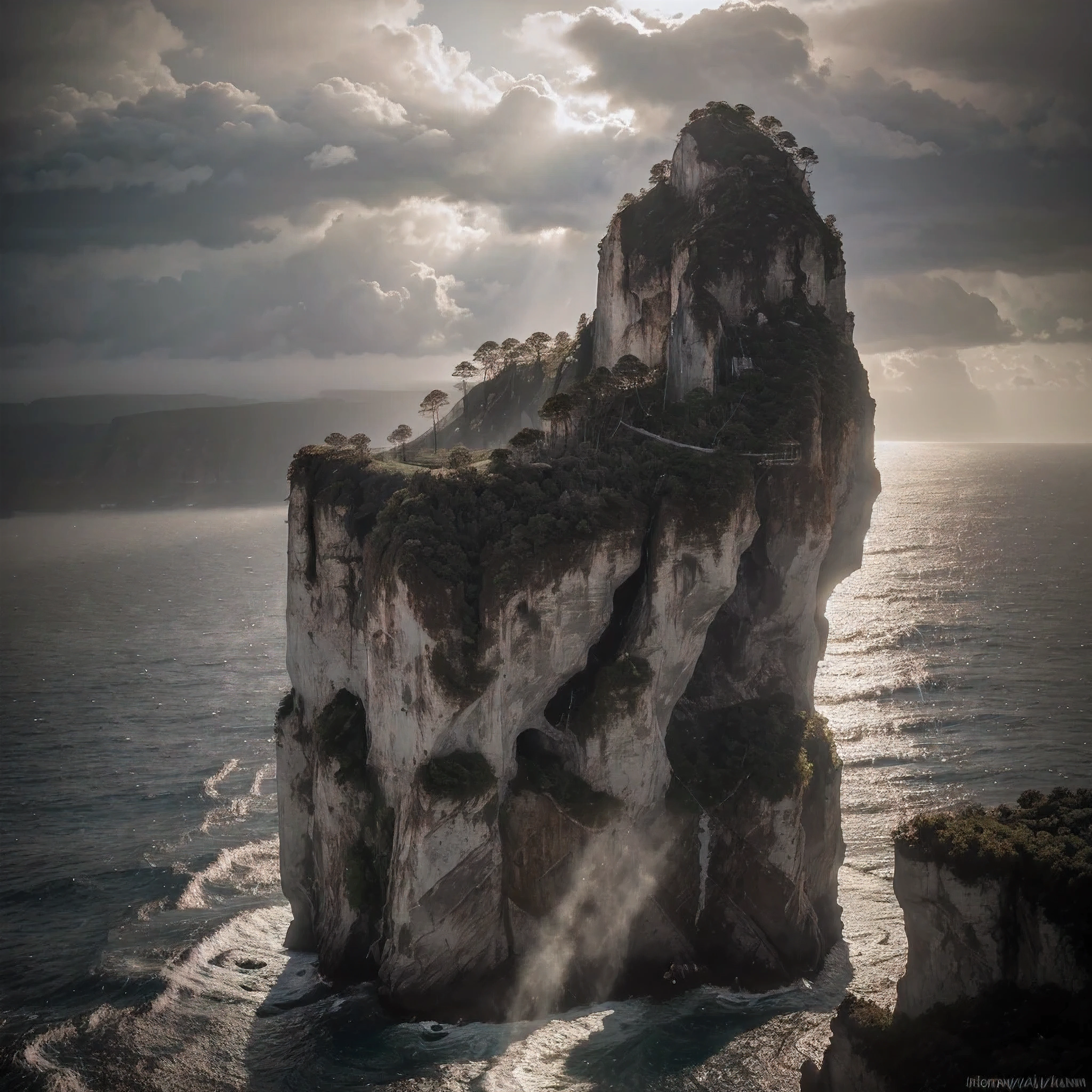 a dramatic seascape, towering cliffs, plunging into calm ocean, stark contrast against moody sky, horizon barely visible through haze, dramatic lighting, cinematic composition, photo-realistic, 8k, masterpiece, hyper detailed, volumetric clouds, atmospheric perspective, vibrant colors, lush foliage, sunlight filtering through mist, dramatic shadows, reflections on water, craggy rock formations, serene tranquility