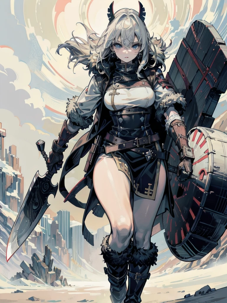 whole body, Anime character, berserker, holding axe, fur trim, loincloth, belt, boots, gloves, dual wielding, wasteland, absurdres, RAW photo, extremely delicate and beautiful, masterpiece, Best Quality, ultra high resolution, 32k, hyperrealistic, ultra-detailed, perfect figure, perfect shape, detailed description, pale skin, 20 years old, detailed beautiful face and eyes, tearful mole, earring, short medium hair, wavy hair,