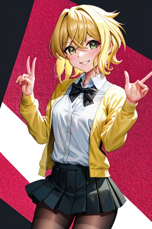 masterpiece, highest quality, High resolution, kirika akatsuki, One girl, alone, Symphogear Costume, Long sleeve, short hair, Black Skirt, Collared shirt, Black Pantyhose, Open clothes, bow tie, Harecliff, chest, bangs, Green Eyes, Pleated skirt, Off the shoulder, Sleeves are longer than the wrist, Blonde Hair, mini skirt,  Cowboy Shot, classroom, wave hands, smile,