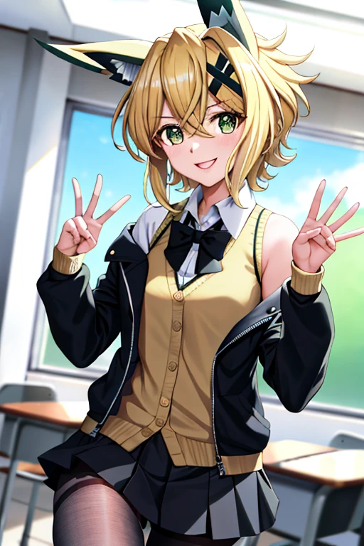 masterpiece, highest quality, High resolution, kirika akatsuki, One girl, alone, Symphogear Costume, Long sleeve, short hair, Black Skirt, Collared shirt, Black Pantyhose, Open clothes, bow tie, Harecliff, chest, bangs, Green Eyes, Pleated skirt, Off the shoulder, Sleeves are longer than the wrist, Blonde Hair, mini skirt,  Cowboy Shot, classroom, wave hands, smile,