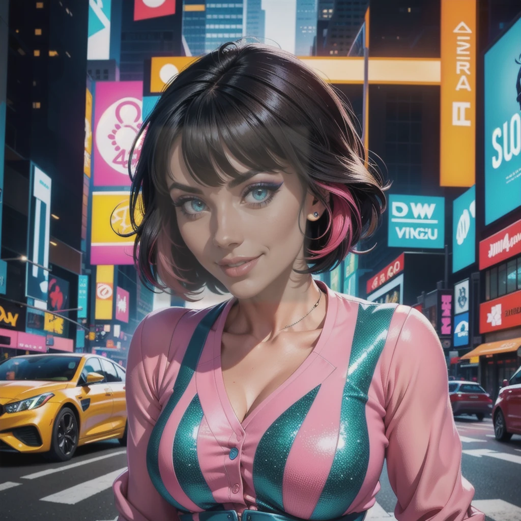 Generate a dynamic, high quality AI image of a young woman with short black hair and bangs. She wears a Vibrant blouse in shades of pink, rot, and blue, incorporating the fashion of the 2020s. Her green eyes sparkle with joy as she smiles, your makeup is vivid and colorful. Placed on the busy streets of New York, This scene is rich in references to the 2020s. The image is professional, photographic quality, and enriched with details, offering HD resolution and Canon quality. The woman's natural eyes highlighted by the light are detailed, with captivating eyelashes. The overall appearance is smooth, Vibrant, e feliz, capturing the essence of modern fashion and urban life."