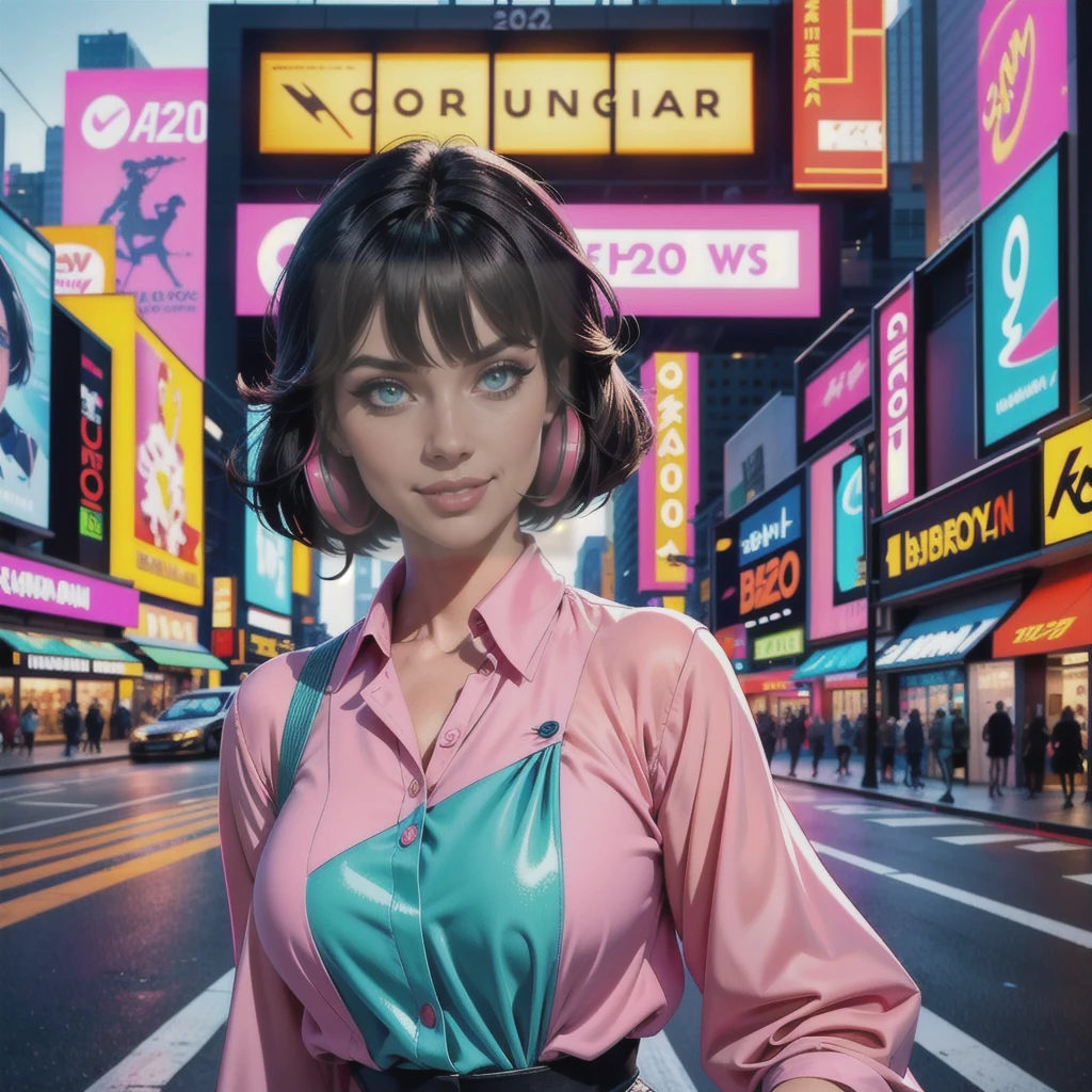 Generate a dynamic, higher quality AI image of a young woman with short black hair featuring bangs. She wears a vibrant blouse in shades of pink, red, and blue, embodying the fashion of the 2020s. Her green eyes sparkle with joy as she smiles, her makeup vivid and colorful. Placed against the bustling streets of New York, this scene is rich with references to the 2020s. The image is professional, photo-quality, and enhanced with details, offering HD resolution and Canon quality. The woman's natural light-enhanced eyes are detailed, with captivating eyelashes. The overall look is smooth, vibrant, and happy, capturing the essence of modern fashion and urban life."