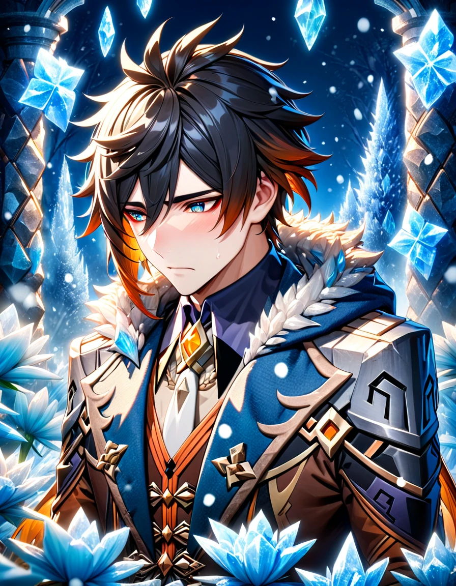 absurdres, highres, ultra detailed, HDR, master piece, best quality, Zhongli, black hair, expressive blue eyes, genshin impact, solo, man, handsome, warm fantasy coat, warm clothes, fantasy magical background, winter, snowing, snowflakes, ice butterflies, ice forest, ice lilies, sad, sadness  