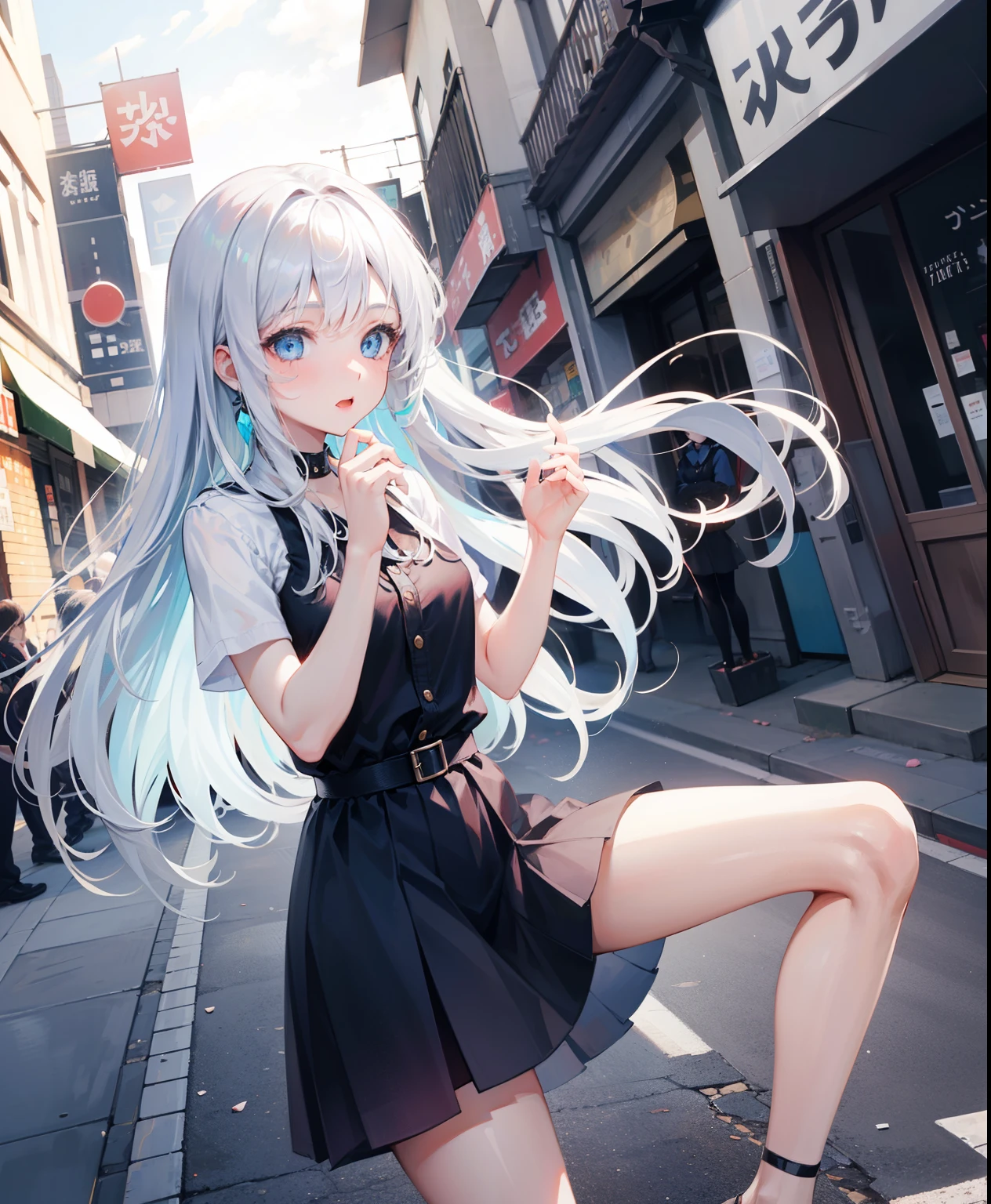 1 girl, 16 years old, Dynamic posing, dynamic angle, Arrange pose,Top quality work，Show Legs，(long white hair),(blue eyes), Rose cheeks, Pretty Face, A perfectly proportioned face, casual grey mini dress, tokyo street, round small breasts, summer