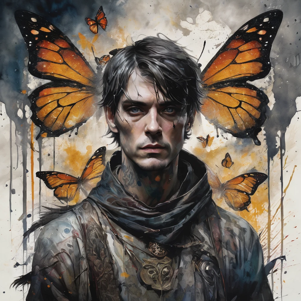 Carne Griffiths and Wadim Kashin, A background with distinct features, Background with fragment color, vivid tones, Ink nebula background, there is a man with tattoos on his body and a flower in his hand, album art, realism art, album cover art, realism art style, album, realistic art, official art, realism art style, realistic art, album cover, official art, lil peep,An amazing portrait of a 30 year old masculine man in white underwear, ((short hair)), (perfect eyes), ((perfect face)), ((male face)), ((short hair)), (Looking at the viewer), artgerm, cinematic lighting, very high details,, honey eyes, brunette hair,The shape of the athletic physique, extremely detailed,Dispel particles,(butterfly:1.5),(butterfly theme:1.5),(dark horror theme:1.5),(thriller:1.5),(inspiration from Stephen King:1.5),(dark fantasy:1.5), (ink and watercolor painting:1.5), (black and white color:1.5), 8k, 4k, (landscapes:1.5),(A large number of butterflies fly towards the viewer:1.5),(ruined:1.5),(ruined village:1.5),(1800s:1.5), (ruined theme:1.5),(lots of flying butterflies:1.5),(puddle:1.5),(Unpaved roads:1.5),(absurderes:1.5),(fantastic:1.5),(best quality:1.5),(masterpiece:1.5),(best quality,4k,8k,highres,masterpiece:1.2),ultra-detailed,(realistic,photorealistic,photo-realistic:1.37),oil painting,colorful,brush strokes,dramatic lighting,horror,skull man warrior,aged paper,aesthetic,dripping ink,gritty texture,dark and moody atmosphere,detailed facial features,expressionless face,intense gaze,weathered armor,worn out sword,ancient runes,crow feathers,ominous background,grim reaper vibes,haunting,creepy,macabre,vintage style,monochrome with sepia tones,contrast,depth,texture,old world charm,subtle decay,aged elegance,cracked paint,weathered detailspeated paint,cracked stone texture,long shadows,dusty appearance,creased edges,sculptural quality