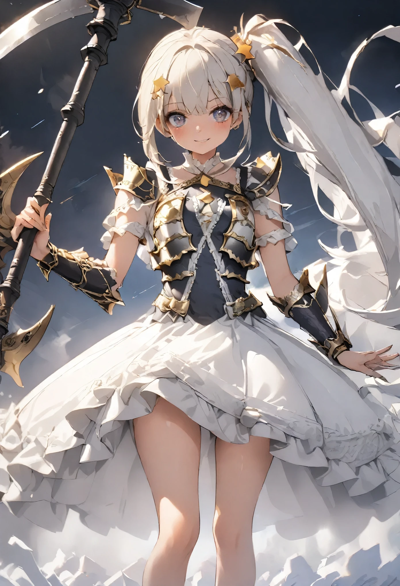 score_9, score_8_up, score_7_up, best quality ,masterpiece, 4k, Japanese anime, 1girl, blue hair, (side ponytail:1.5), giant blue ribbon, (mechanical dragonhorn:1.1), (eye lashes:1.3), (eye shadow:1.3),blue eyes, (beautiful detailed eyes:1.4), laugh, 160cm tall, original character, fantasy, (black background:1.2), (full body:1.8), beautiful fingers, standing, (black white lace frill armor dress:1.5),(GOLD STAR accessory:1.5) (mechanical headgear:1.1) ,axe to grind, shoot from front, looking at viewer