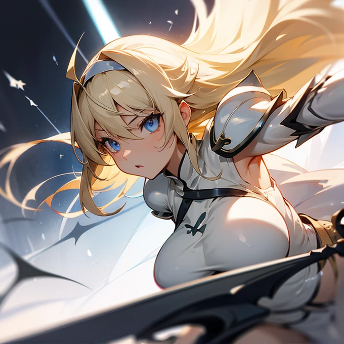 Danmachi、Sword Demon Eyes、Swift Sword、dynamic、Long Hair、Blonde、Silver Hair Band、Light Armor、Large breasts、Big eyes、stylish、Rapier、