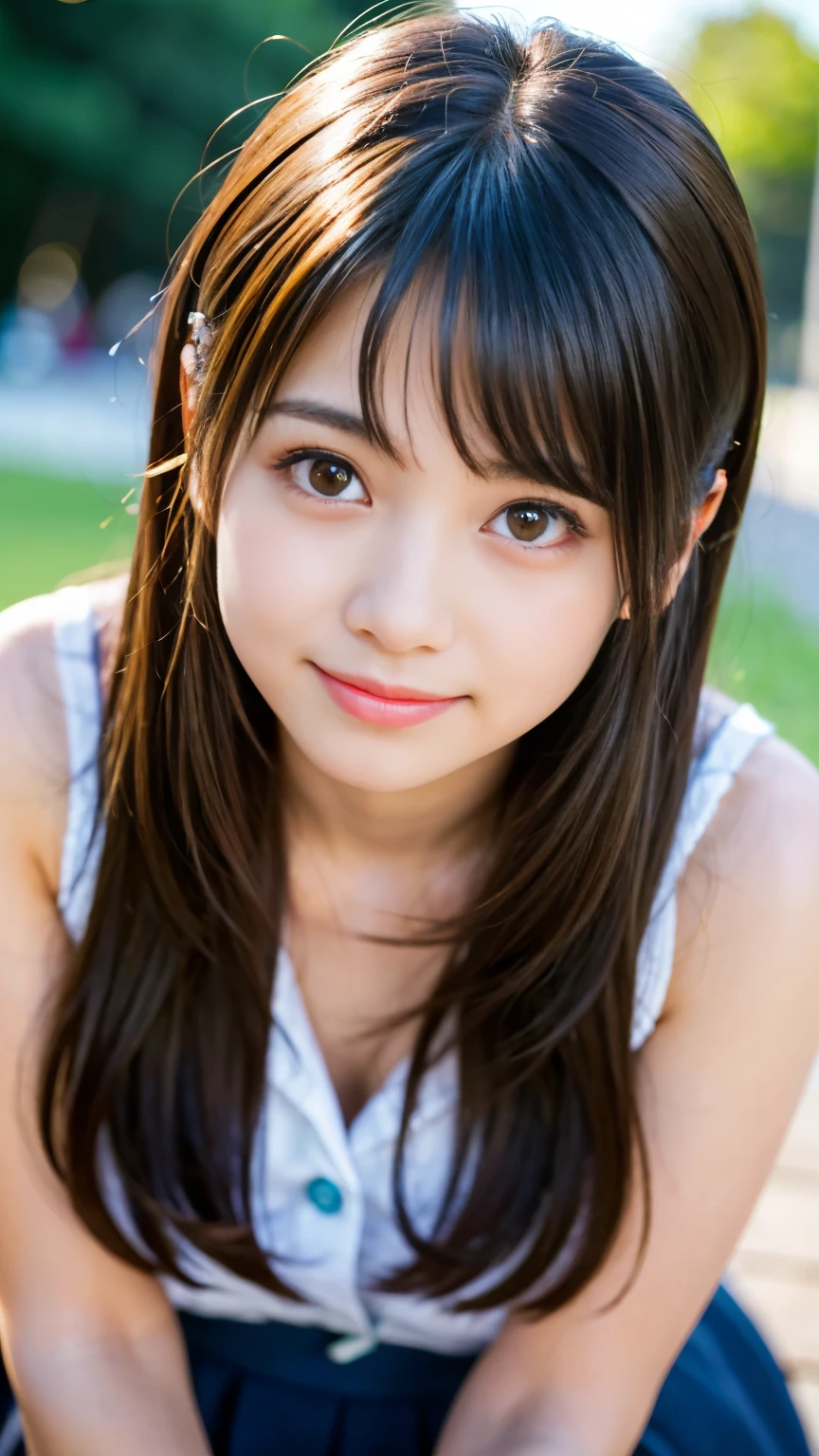 Best-quality, Masterpiece, Ultra-High-Resolution, (Photorealistic:1.4), Raw Photo, depth of field, professional lighting, perfect anatomy, extremely details, 1girl, 15-years-old, the most famous Japanese idol, (extremely cute face, ((extremely cute and extremely big eyes)), extremely beautiful skins), extremely cute hair, extremely cute long-eyelashes, extremely cute lips, extremely cute thighs, looking at viewer, dynamic pose, innocent smile