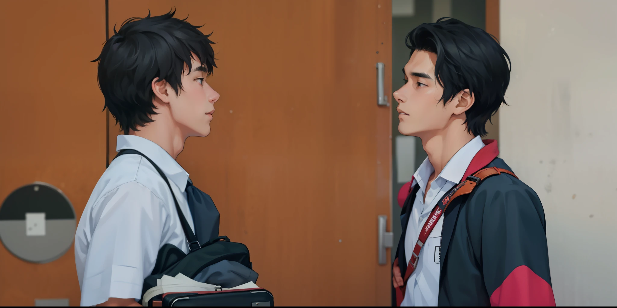  17 years old, they are at school, their hair is gray, they have their briefcase. 