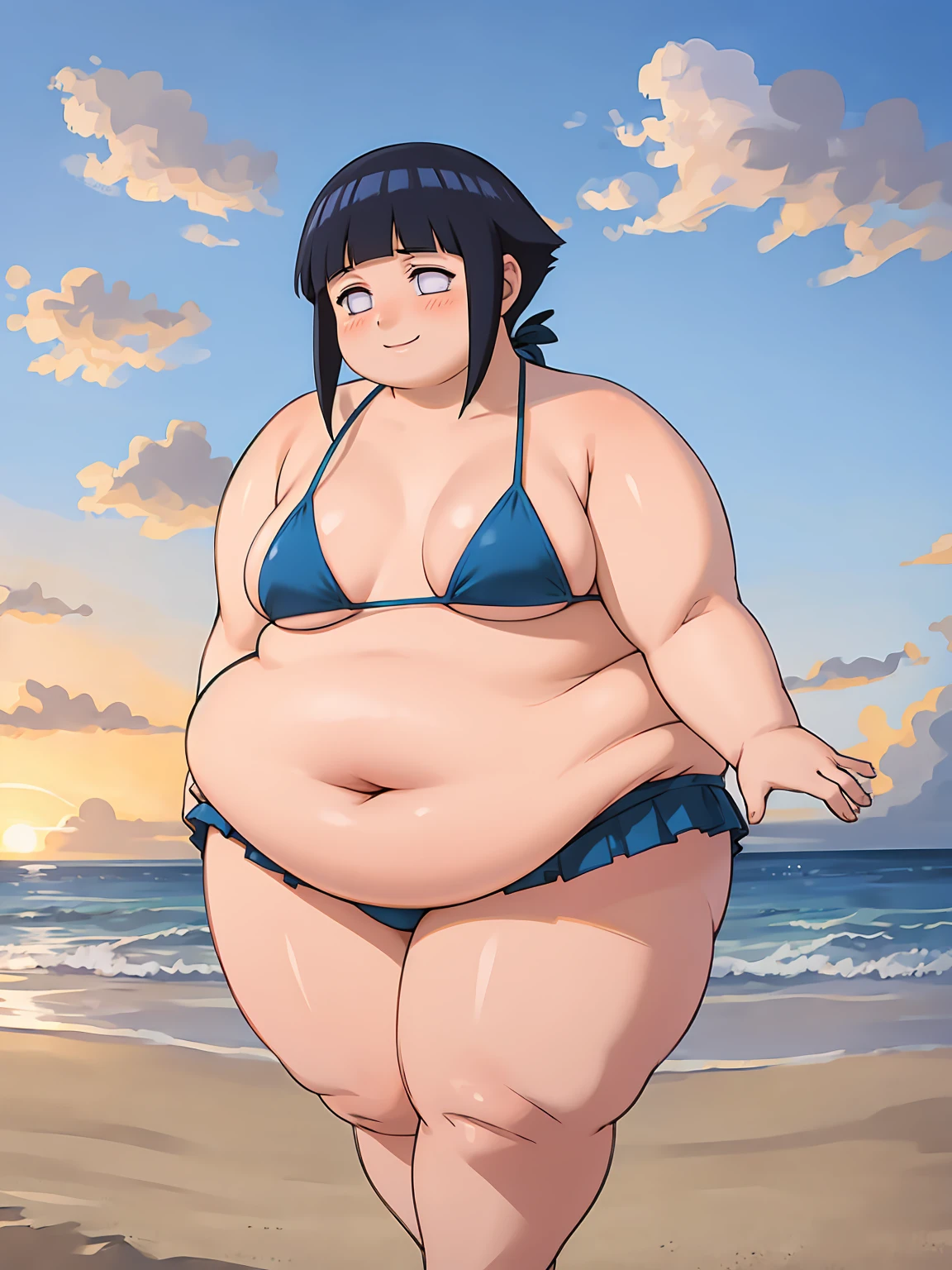 standing, shy, smile, blush, 1girl, obese hyuuga hinata, thick thighs, big cheeks, fat belly, big necks and fat, cute fat girl, fat arms, perfect body, black hair, short hair, white eyes, no pupils, small breats, blue bikini, ultra detailed, masterpiece, best quality, aesthetic, detailed, beach sunset