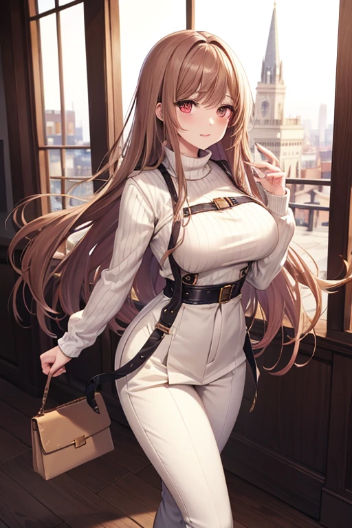 Game , goddess of victory nikke, Rapi , light brown hair, alluring eyes ,beautiful face , crystal red eyes , long hair ,sweater shirt, cream colour shirt, trousers, cheerful eyes, ,g cup breast, slender waist, bewitching thighs, , five fingers each hand, two hand ,two leg , in town, date, hunch over, standing, beautiful, high heels, night life