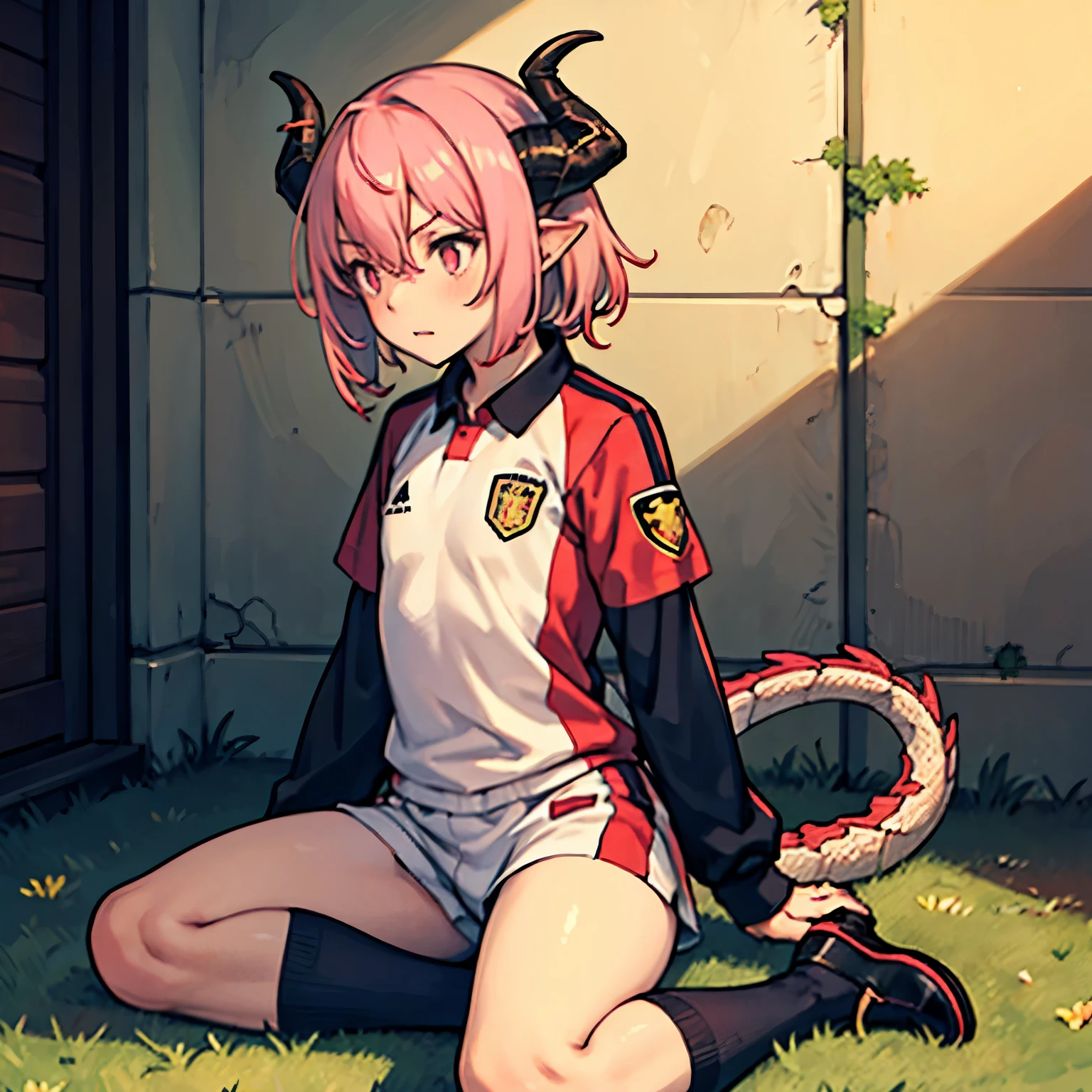 a male femboy with pink hair dragon horns and tail wearing a soccer outfit