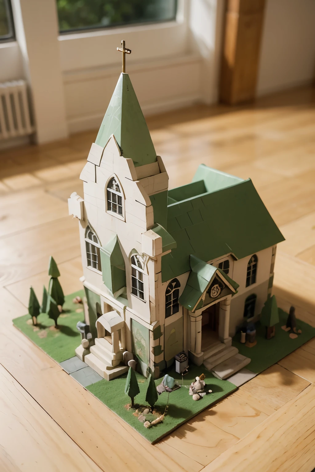church cartoon in isometric position, con campanas, estilo disney, con arboles, papel picado