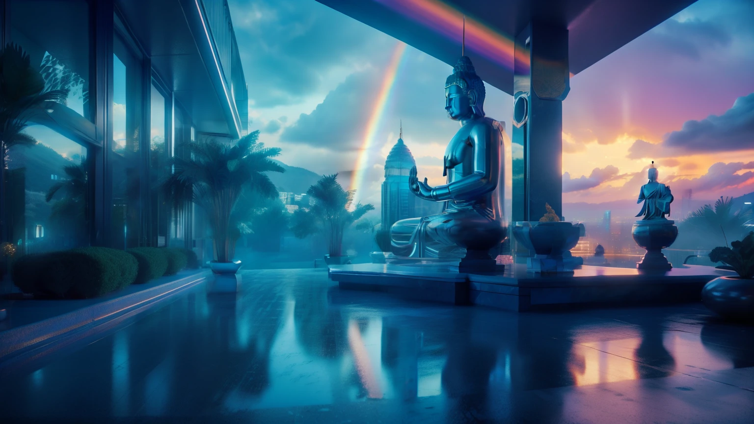 Meditation Huge Buddha statue，detalhes intrincados Sentado no vale，feche os olhos，Um sorriso raso，Holding a model of the city in both hands，There is a beautiful rainbow above the model of the city，The Buddha statue is surrounded by clouds and mist，vapor，genial，in a panoramic view， 8k portrait rendering，  amplitude， Clear sky， cinematic light， fotorrealista， Tiro em uma Canon EOS-1D X Mark III， mola a 150mm， f / 0.8， sharp focus， volume Neblina， dramatic light， volumetric light， Luz neon， 8k hd， digital SLR camera， Maiorqualidade， film grain， Deformation， amplitude