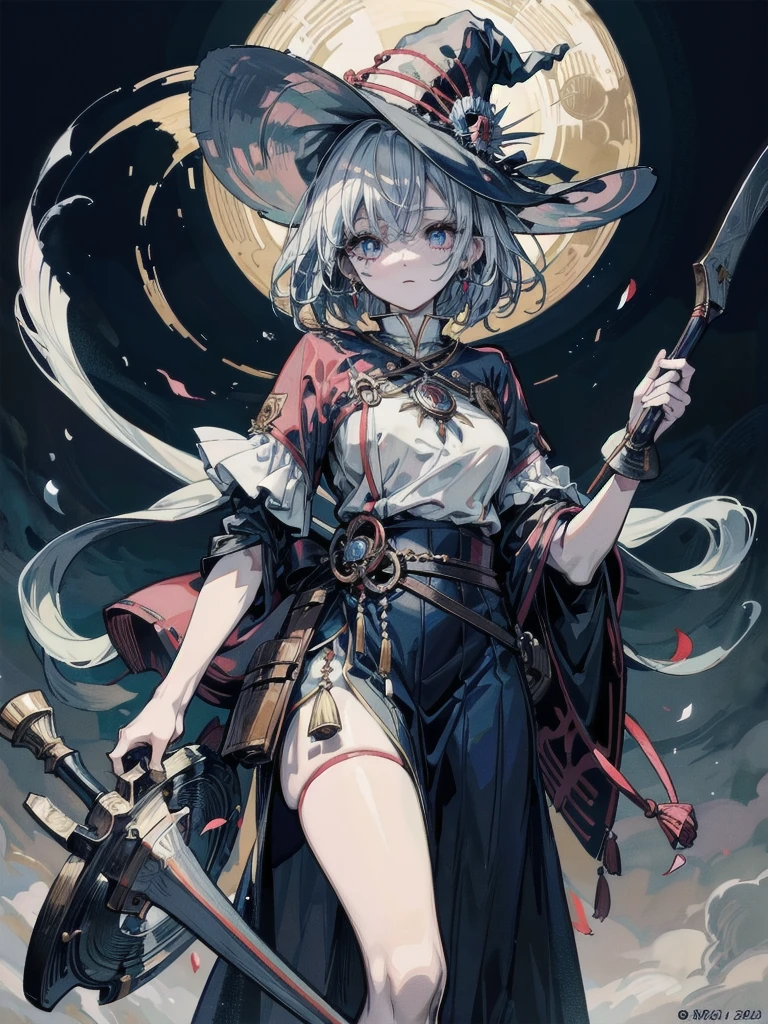 Anime character, holding axes, dual wielding, traditional witch outfit, hat, absurdres, RAW photo, extremely delicate and beautiful, masterpiece, Best Quality, ultra high resolution, 32k, hyperrealistic, ultra-detailed, perfect figure, perfect shape, detailed description, pale skin, 20 years old, detailed beautiful face and eyes, tearful mole, earring, short medium hair, wavy hair,