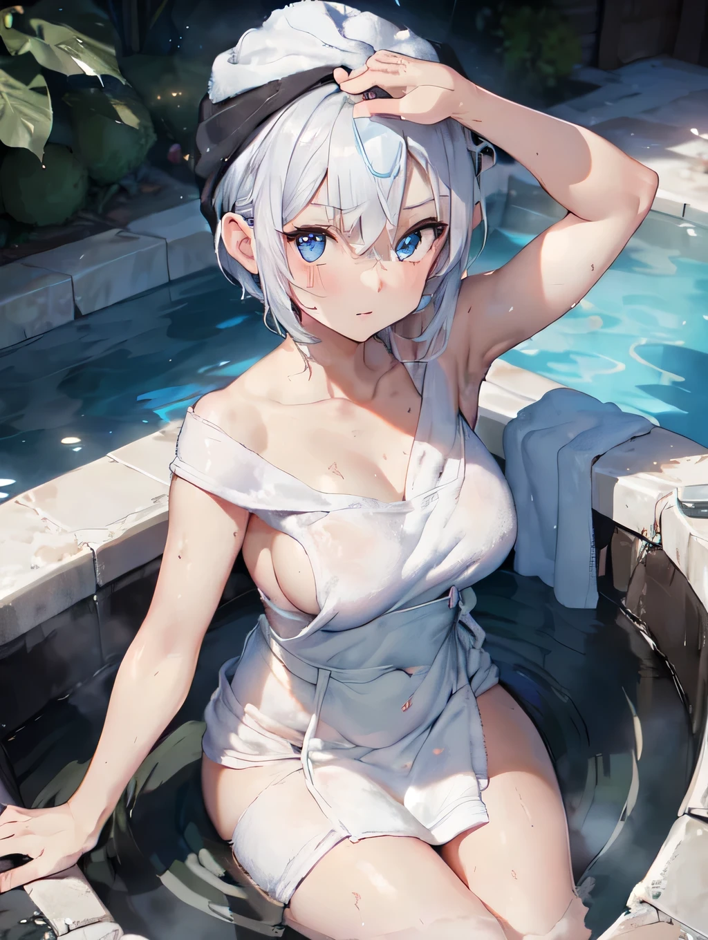 White hair, short hair, blue eyes, (((wrapped in a bath towel))), wet body, (((black wrapping over right eye))), hot spring background, medium sized breast, small-medium thighs