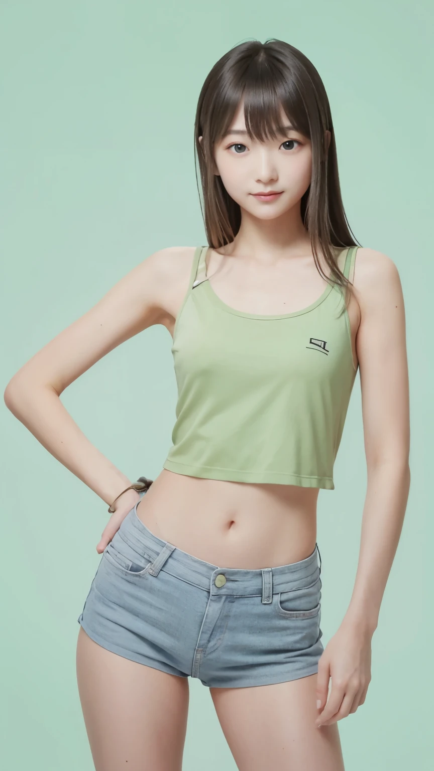 masterpiece,highest quality,1 Girl,delicined face, 前hair, just_arm, just_shoulder, green_eye, clavicle, (high resolution:1.48)、(:1.48)、(非常に大きい胸in服がタイト:1.48)、(Body like a marathon runner:1.48)、cowboy_shot, crop_superior, High leg, High leg, length_hair, looking for_in_peeping in the viewer, belly button, Realistic, 一人in, Are standing,