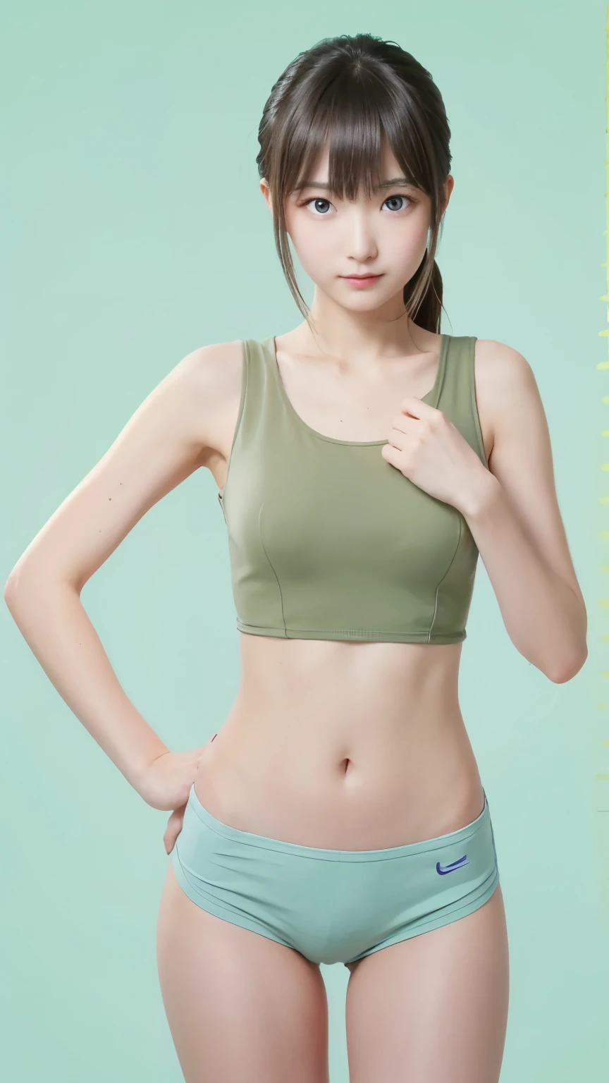 masterpiece,highest quality,1 Girl,delicined face, 前hair, just_arm, just_shoulder, green_eye, clavicle, (high resolution:1.48)、(:1.48)、(非常に大きい胸in服がタイト:1.48)、(Body like a marathon runner:1.48)、cowboy_shot, crop_superior, High leg, High leg, length_hair, looking for_in_peeping in the viewer, belly button, Realistic, 一人in, Are standing,