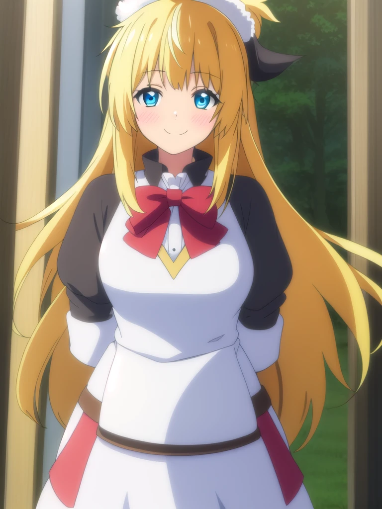 ((Best quality))), ((Ultra-detailed)), ((illustration)), ((Disheveled hair)), ((frilld)), (1 girl), (Solo),,1girl, closed_mouth, looking_at_viewer, solo, rating:safe, arms_behind_back, bangs, black_bow, blonde_hair, blue_eyes, blush, bow, clothing, dress, eyebrows_visible_through_hair, female, female_only, fur_hat, hair_flaps, hat, head_tilt, headwear, long_hair, long_sleeves, sidelocks, smile, very_long_hair