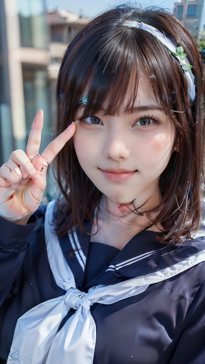 sailor uniform, One Woman, (Beautiful woman, delicate :1.3), Shiny Black Hair, Bobcut, bangs, (8k), (highest quality: 1.2), (Realistic), (Realistic: 1.37), (masterpiece), (Ultra-high resolution), (RAW Photos), (Absolute Resolution), (((face is small compared to body: 1.4))), (((Small face:1.4))), A balanced face, (Small Mouth: 1.4), ((Slim female body: 1.4)), Black Hair, (((long sleeve Sailor uniform))), realistic high school girl, ((White headband:1.4)), Small breasts, Slanted Eyes, Bright Blue Eyes, (Cafe on the open terrace), smile, Blurred, ((full body)), Three white lines on the collar of a sailor uniform, ((Peace sign with right hand:1.3)),