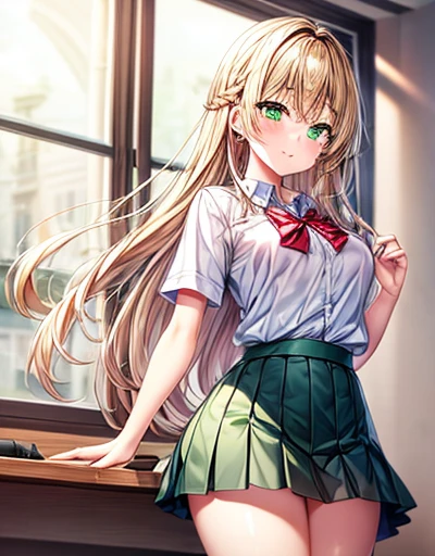 (masterpiece, highest quality), girl, Long Hair, Princess Cut, Braiding, Light brown hair, Happy, big_chest, green eyes, red_bow, School_uniform, short_sleeve, green_skirt, just_feet, green_null, squirt, Front view, Insights, chestを圧迫する, Pupil light