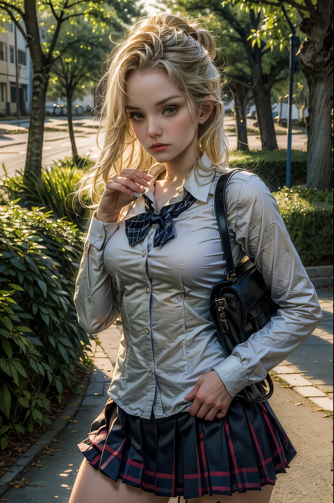 ((best quality)), ((masterpiece)), (detailed), school blazer, private school girl, liz.ashley, unbuttoned, outdoors