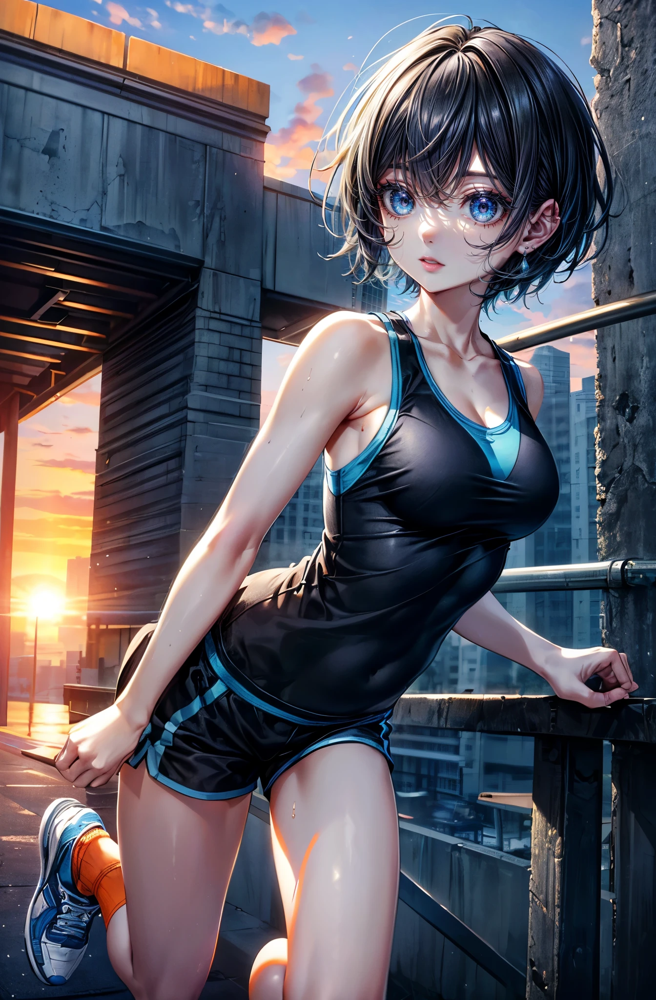 Hyper Quality、8K quality、High resolution、Image quality captured with a single-lens reflex camera、(software)、Perfect Anatomy、(Black Grey Short Hair、Shoulder-length hair:1.2)22 year old beauty.Mature face、blue eyes(Sharp look:1.4)(a small amount of sweat all over the body:1.2)(Nice shape and normal breasts)
BREAK
(Wear a blue sporty tank top with lines、Wearing running shoes:1.3)(Uplifting:1.3)
(Warm-up exercises、warm up:1.4)(Perfect Anatomy:1.4)break(watch the sunrise、Looking away:1.2)(The orange morning sun is dazzling🌇:1.3)(Tree with fresh green leaves々There is a park、Next to the lake:1.1)