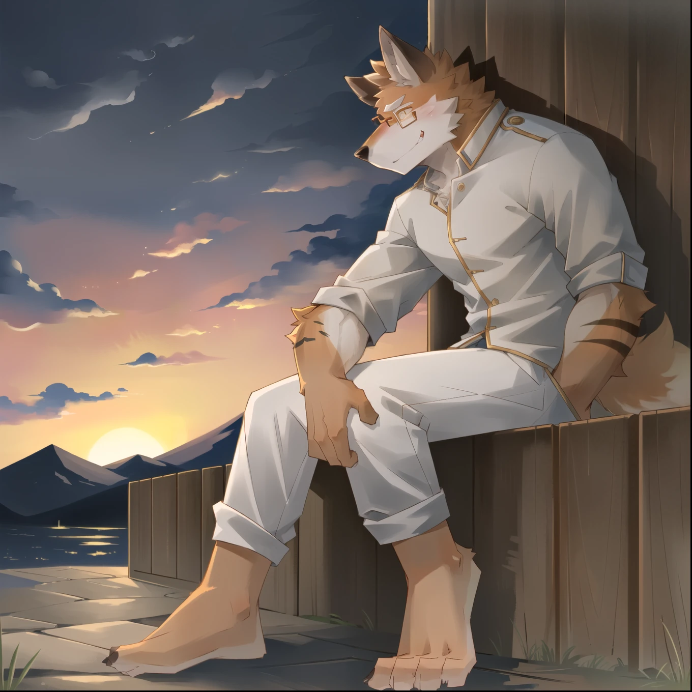 individual,Just not good, young的身体, young,young角色,Full body orange fur,Orange fur,Body tearing,Dusk evening background,head tilted to one side,wearing glasses,Is smiling,Happy mood, Wear only loose-fitting white clothing,Wolf furry character,Golden eyes