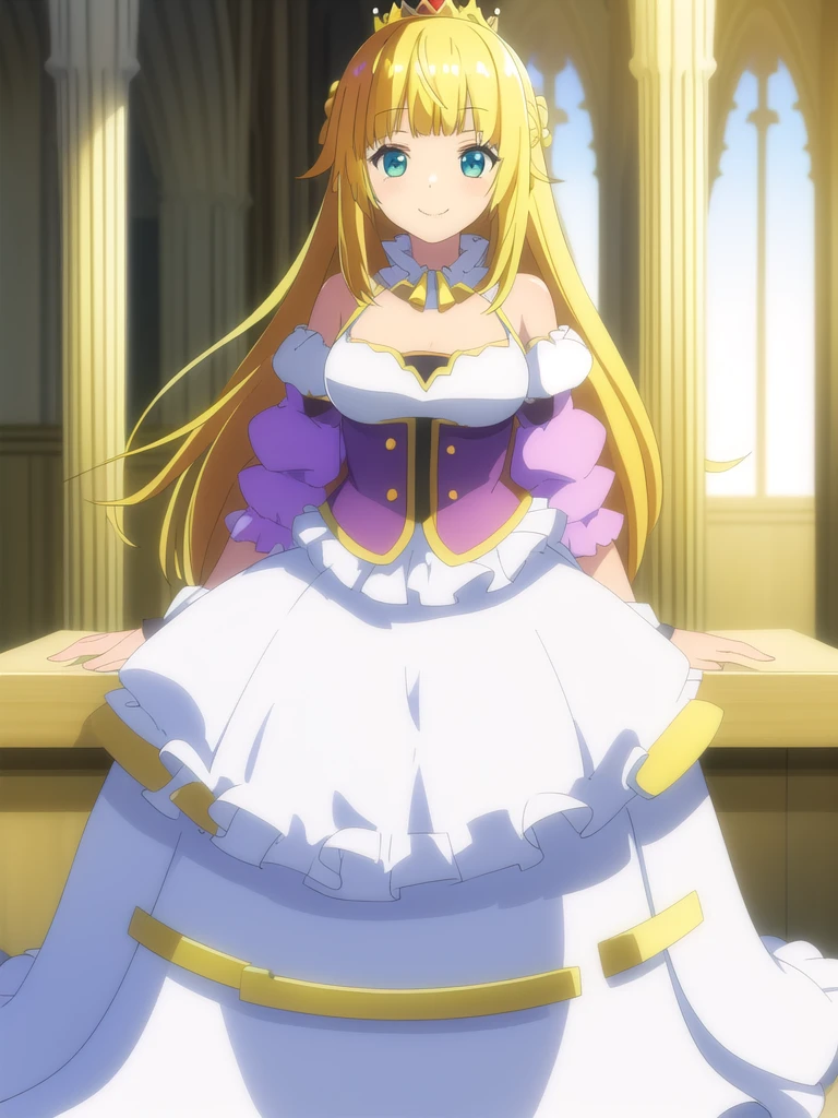 ((Best quality))), ((Ultra-detailed)), ((illustration)), ((Disheveled hair)), ((frilld)), (1 girl), (Solo),,1girl,bangs,blonde_hair,blunt_bangs,blurry,blurry_foreground,bow,crown,depth_of_field,dress,indoors,jewelry,long_hair,photo_(medium),pointy_ears,pov,sitting,smile,solo_focus,tiara,rating:safe,Princess_dress,