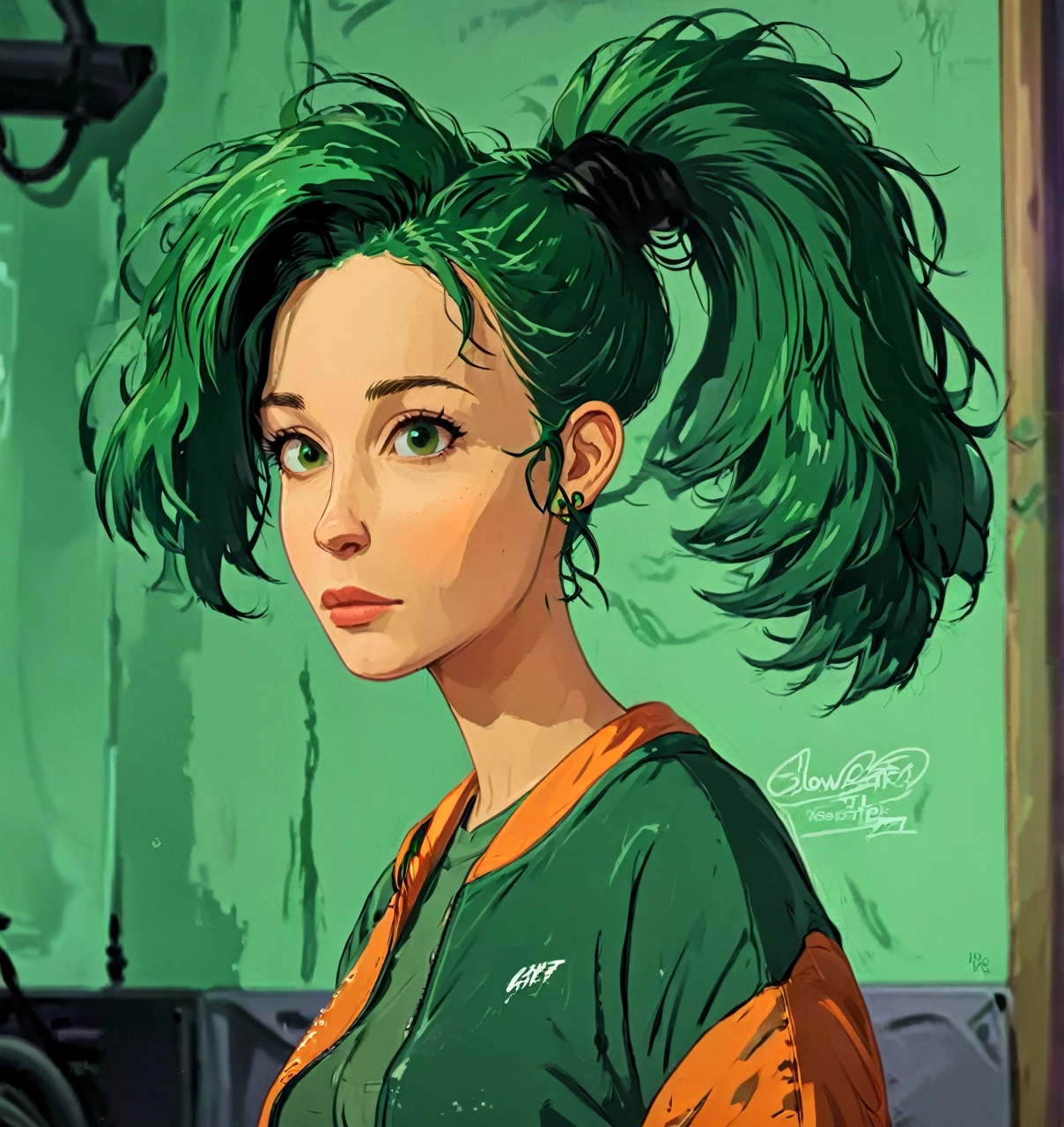 glowart: 1.0), (sketch, drawing: 1.0), 1girl, vines green hair, High Spike Messy Hair, side ponytail, Orange Tracksuit, Bigger Extra Breasts, Style of Futurama 