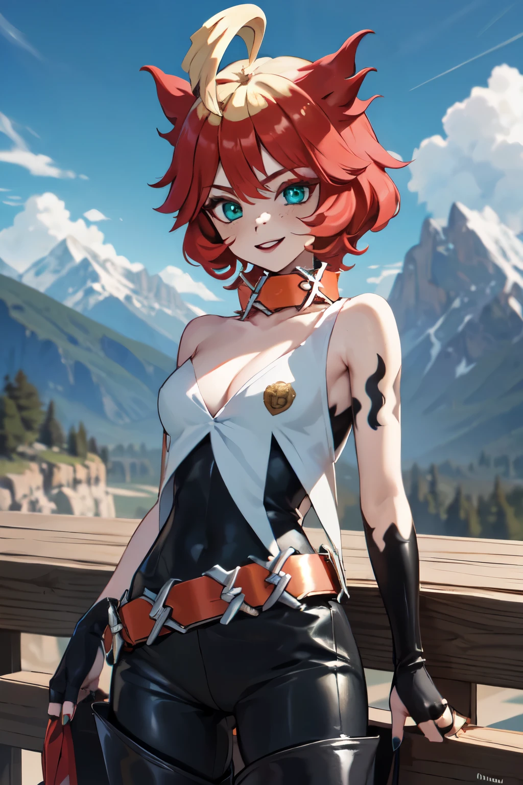 ((masterpiece,best quality)), absurdres, mela (pokemon),  black fingerless gloves, freckles, bare shoulders, makeup, collar, ahoge, belt, black bodysuit, lipstick, thigh boots, collarbone, nail polish, short hair,  solo, smile, looking at viewer, cowboy shot, cleavage, mountains, medium breasts