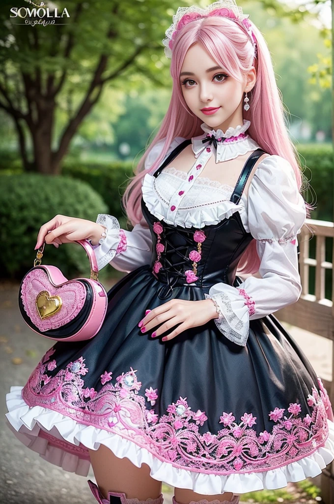 sexy stylish Spanish model, only 1 female, ((doll-like appearance)), long neon pink stylish hair, ((shiny Victorian-Style boots)), (big smile), ultra detailed eyes, very detailed eye makeup, lipgloss, long lashes, defined eyebrows, ((sexy Sweet ta cosplay)), bell-shaped skirt, petticoats, high neckline, puffed sleeves, ((ultra detailed lace)), ((ultra detailed embroidery)), intricate details, animals, fairy tales, heart-shaped bag, Sweet Loliccessoires, large bow, Sweet Lolita cr, ((large sparkling Sweet Lolita jewel, cinematic light, detailed large park background with trees