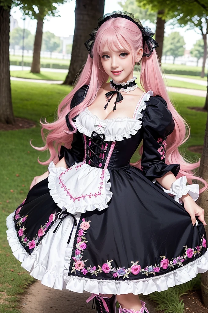 sexy stylish Spanish model, only 1 female, ((doll-like appearance)), long neon pink stylish hair, ((shiny Victorian-Style boots)), (big smile), ultra detailed eyes, very detailed eye makeup, lipgloss, long lashes, defined eyebrows, ((sexy Sweet Lolita cosplay)), bell-shaped skirt, petticoats, high neckline, puffed sleeves, ((ultra detailed lace)), ((ultra detailed embroidery)), intricate details, animals, fairy tales, heart-shaped bag, Sweet Lolita accessoires, large bow, Sweet Lolita choker, ((large sparkling Sweet Lolita jewelry)), cinematic light, detailed large park background with trees