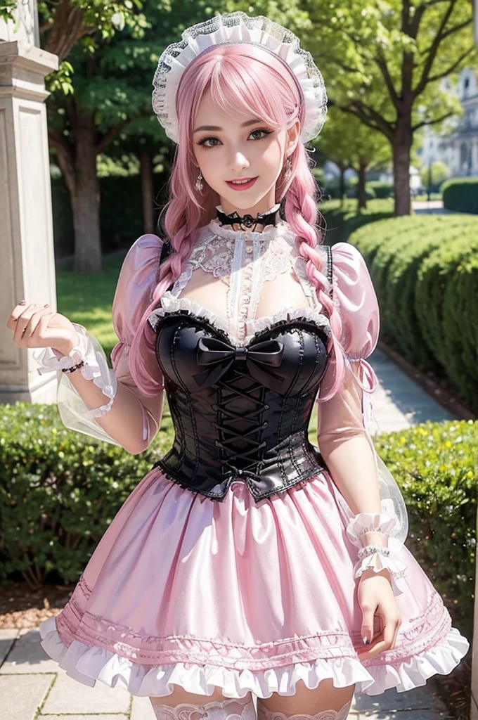 sexy stylish Spanish model, only 1 female, ((doll-like appearance)), long neon pink stylish hair, ((shiny Victorian-Style boots)), (big smile), ultra detailed eyes, very detailed eye makeup, lipgloss, long lashes, defined eyebrows, ((sexy Sweet ta cosplay)), bell-shaped skirt, petticoats, high neckline, puffed sleeves, ((ultra detailed lace)), ((ultra detailed embroidery)), intricate details, animals, fairy tales, heart-shaped bag, Sweet Loliccessoires, large bow, Sweet Lolita cr, ((large sparkling Sweet Lolita jewel, cinematic light, detailed large park background with trees