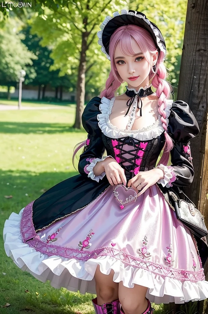 sexy stylish Spanish model, only 1 female, ((doll-like appearance)), long neon pink stylish hair, ((shiny Victorian-Style boots)), (big smile), ultra detailed eyes, very detailed eye makeup, lipgloss, long lashes, defined eyebrows, ((sexy Sweet Lolita cosplay)), bell-shaped skirt, petticoats, high neckline, puffed sleeves, ((ultra detailed lace)), ((ultra detailed embroidery)), intricate details, animals, fairy tales, heart-shaped bag, Sweet Lolita accessoires, large bow, Sweet Lolita choker, ((large sparkling Sweet Lolita jewelry)), cinematic light, detailed large park background with trees