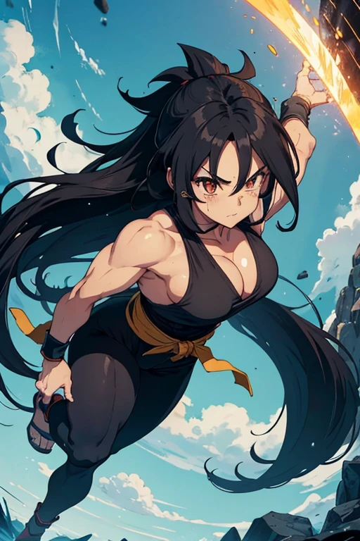 1, SAIYAN woman. saiyan. Black, long straight hair, with small brown blemish/highlight. Soft mature facial look. Ki blast in hand. Thick BUT- slim. Athletically toned, muscley. Thick. Wearing full saiyan clothes/ full Gi. Wearing full cover Gi.