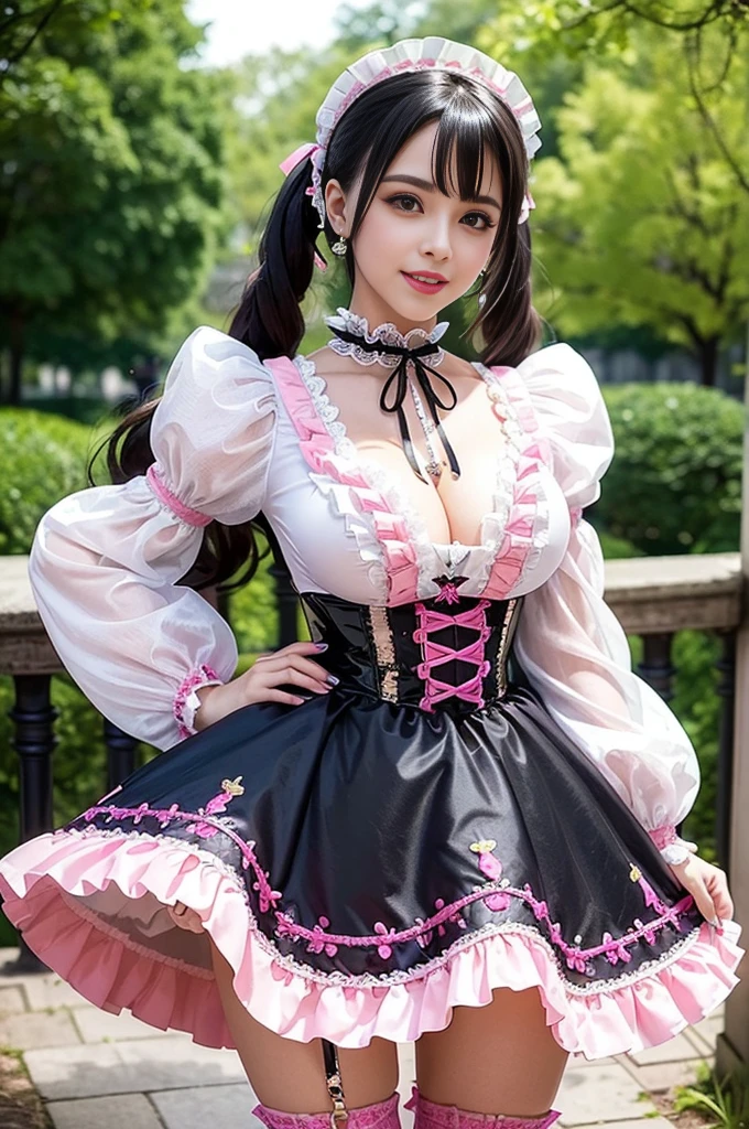 sexy stylish Spanish model, only 1 female, ((doll-like appearance)), long neon pink stylish hair, ((shiny Victorian-Style boots)), (big smile), ultra detailed eyes, very detailed eye makeup, lipgloss, long lashes, defined eyebrows, ((sexy Sweet ta cosplay)), bell-shaped skirt, petticoats, high neckline, puffed sleeves, ((ultra detailed lace)), ((ultra detailed embroidery)), intricate details, animals, fairy tales, heart-shaped bag, Sweet Loliccessoires, large bow, Sweet Lolita cr, ((large sparkling Sweet Lolita jewel, cinematic light, detailed large park background with trees